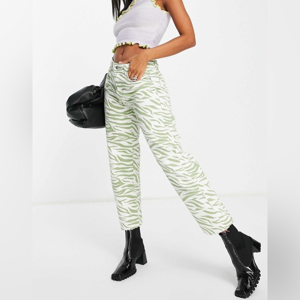 Bershka straight leg zebra print pants in green